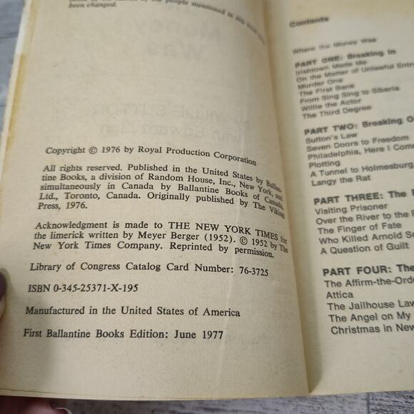 WHERE THE MONEY WAS Willie‎ Sutton 1977 First Ballantine Books Edition Paperback - Picture 3 of 13